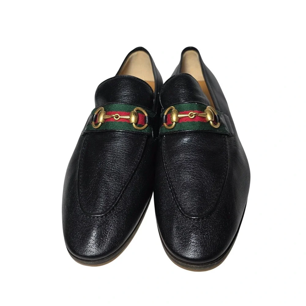 Gucci Jordaan Horsebit Loafers Black Leather Web Stripe 569473 Mens 7.5